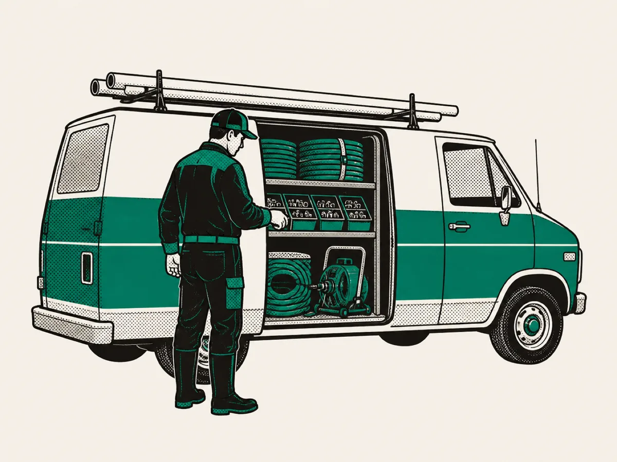 Plumber at the open side door of a van stocked with hose reels and fittings