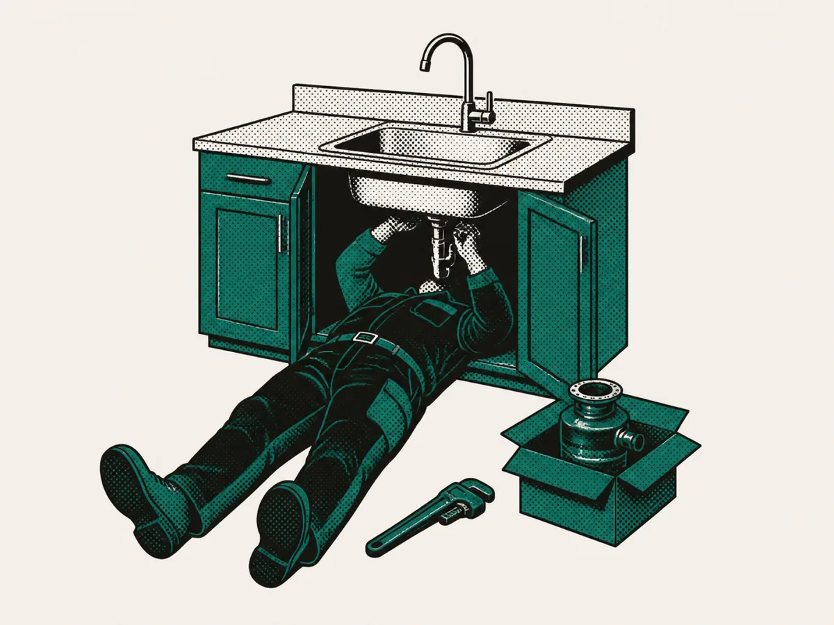 Plumber lying under a kitchen sink fitting a disposal