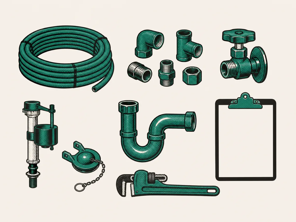 PEX coil, fittings, a stop valve, a fill valve, a flapper, a P-trap, a pipe wrench and a clipboard